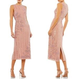 Size 4 - Mac Duggal Sleeveless Floral Beaded Striped‎ Sequin Sheath Midi Dress